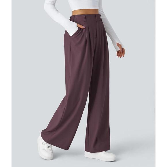 NWT Halara Flex™ High Waisted Pocket Wide Leg Waffle Work Pants Plum Wine - M - Picture 8 of 11